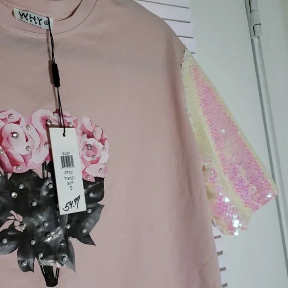 Why Dress Sequin Sleeve Screen Printed T-Shirt Pink- Small - Picture 5 of 15